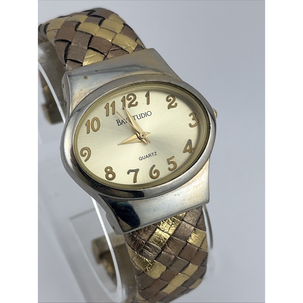 Bay Studio Watch Women 35mm Silver Case Two Tone Hinge Bangle Band- New Battery